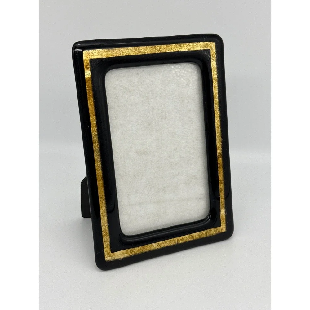 VTG Black and Gold Inlay Picture Frame Tabletop for 3x5 Photo Glass 1980s